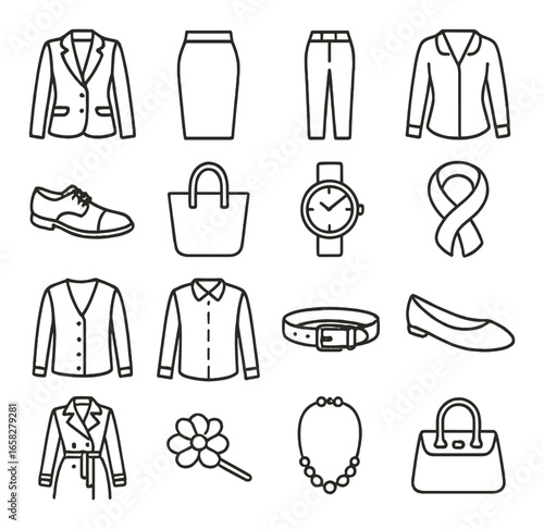 Linear fashion icon set featuring jacket, skirt, pants, blouse, bag, shoes, watch, ribbon, and more
