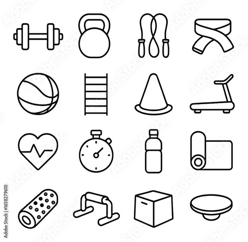 Linear fitness icon set featuring dumbbell, kettlebell, jump rope, martial arts belt, ball, ladder, cone, treadmill