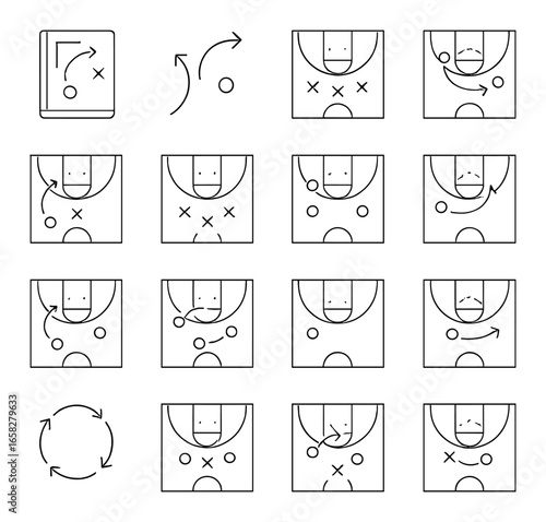 Linear basketball icon set featuring strategy, playbook, court, arrows, and tactics symbols