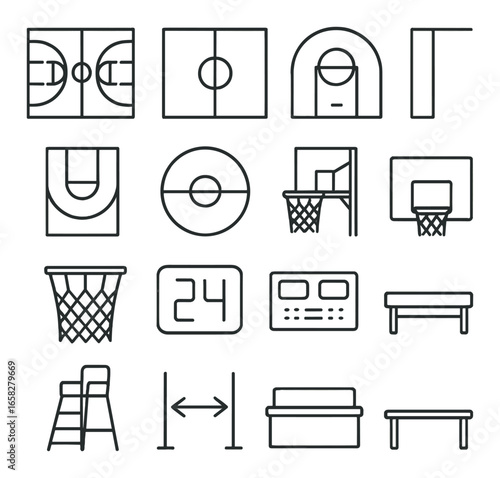 Linear basketball icons set featuring court, hoop, basket, scoreboard, bench, and referee chair symbols