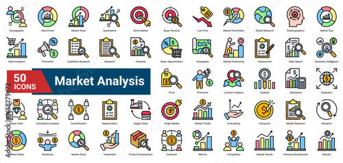 A collection of Market Analysis icons. Containing segmentation, market share, pricing, buyer persona, trends, forecasting, and strategy. Ideal for business planning.