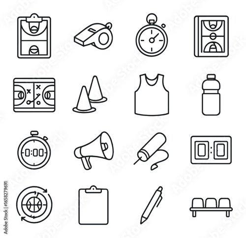Linear sports icon set featuring basketball, stopwatch, whistle, megaphone, jersey, water bottle