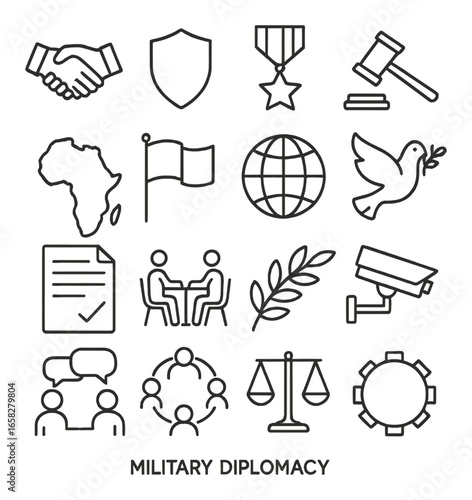 Linear military diplomacy icon set featuring handshake, shield, medal, gavel, africa, flag, globe, dove, document, meeting, olive branch, camera, speech, community, scales, gear symbols