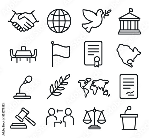 Linear politics icon set featuring handshake, globe, dove, government, conference, flag, and justice symbols