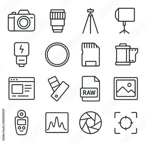 Linear photography icon set featuring camera, lens, tripod, lighting, and memory symbols