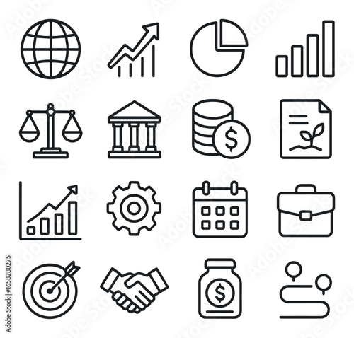 Linear business icon set featuring globe, charts, scale, building, coins, document, gear, calendar, briefcase, handshake