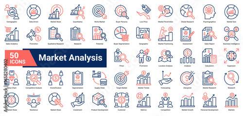 A collection of Market Analysis icons. Containing segmentation, market share, pricing, buyer persona, trends, forecasting, and strategy. Ideal for business planning.