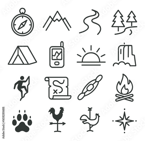 Linear adventure icon set featuring compass, mountains, trail, forest, tent, and campfire symbols
