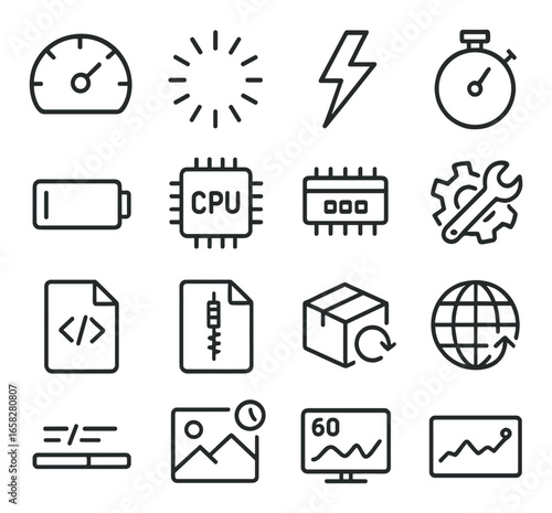 Linear technology icon set featuring speedometer, timer, cpu, battery, code, settings, globe, and graph symbols