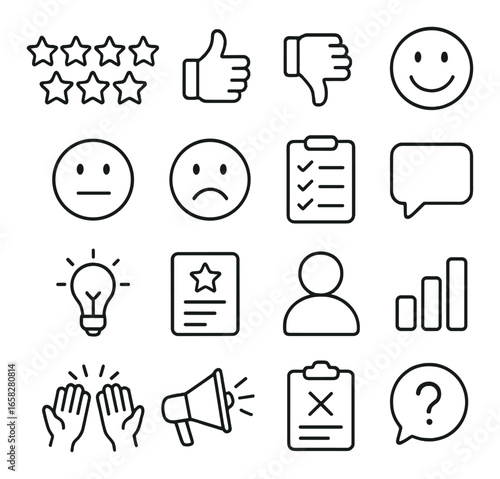 Linear feedback and review icons set featuring stars, thumbs up, thumbs down, smiley, checklist, comments