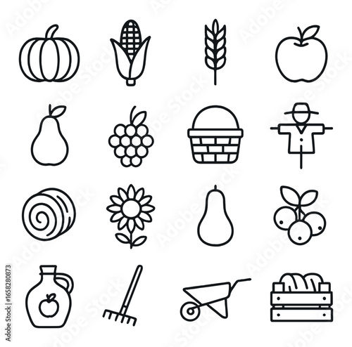 Linear farm icon set featuring pumpkin, corn, wheat, apple, pear, grapes, basket, scarecrow, and hay