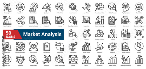 A collection of Market Analysis icons. Containing segmentation, market share, pricing, buyer persona, trends, forecasting, and strategy. Ideal for business planning.