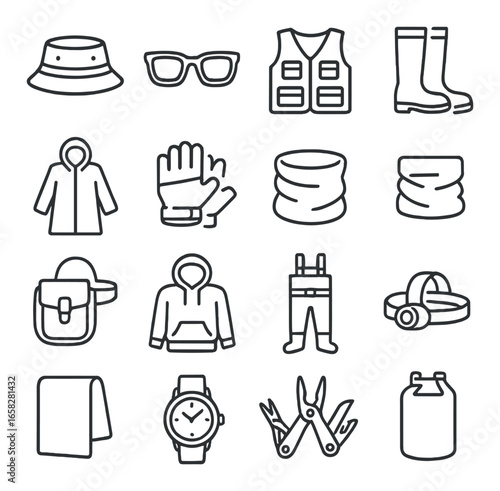 Linear camping icon set featuring hat, sunglasses, vest, boots, jacket, gloves, neck gaiter, and backpack