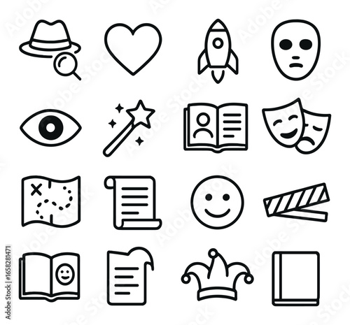 Linear entertainment icons set featuring detective, love, rocket, mask, eye, magic wand, book, and theater symbols