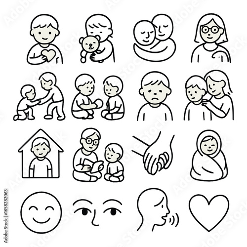 Linear family icons set featuring love, care, support, parenting, emotion, home, reading, and happiness symbols