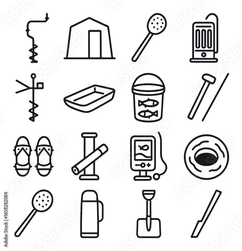 Linear camping and fishing icon set featuring tent, fish, heater, thermos, and life jacket symbols