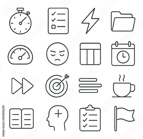 Linear business icon set featuring timer, checklist, lightning bolt, folder, speedometer, face, calendar, coffee