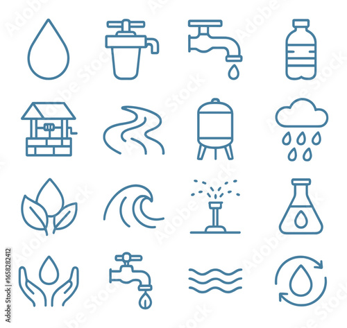Linear environmental icon set featuring water drop, faucet, bottle, rain, plant, wave, and recycle symbols