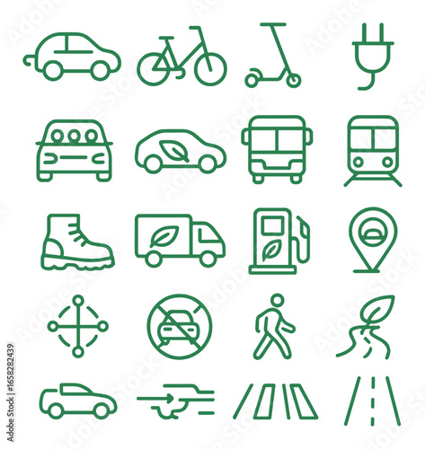 Linear eco-friendly transportation icon set: car, bike, scooter, plug, bus, train, boot, fuel, map