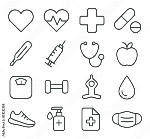 Linear health icon set featuring heart, medicine, stethoscope, apple, syringe, and mask symbols