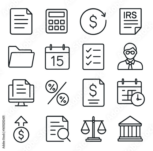 Linear finance icon set featuring document, calculator, calendar, tax, and file symbols