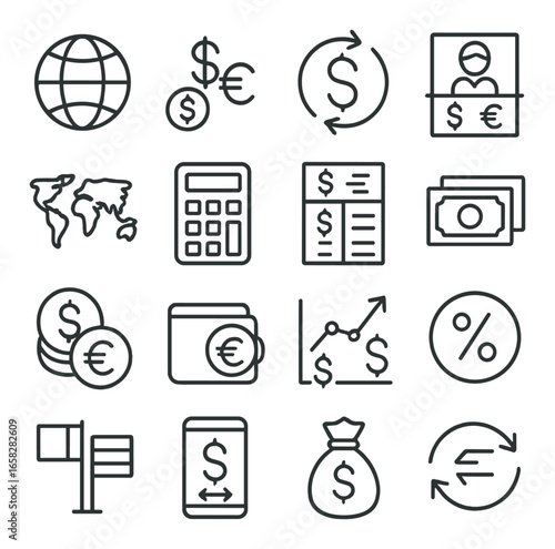 Linear finance icon set featuring globe, currency exchange, calculator, bills, wallet, and graph symbols