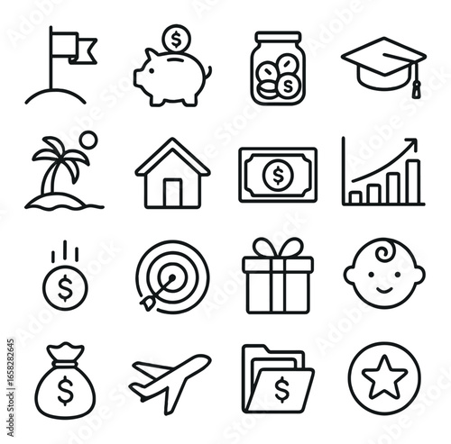 Linear finance icon set featuring savings, investment, budget, growth, graduation, and travel symbols
