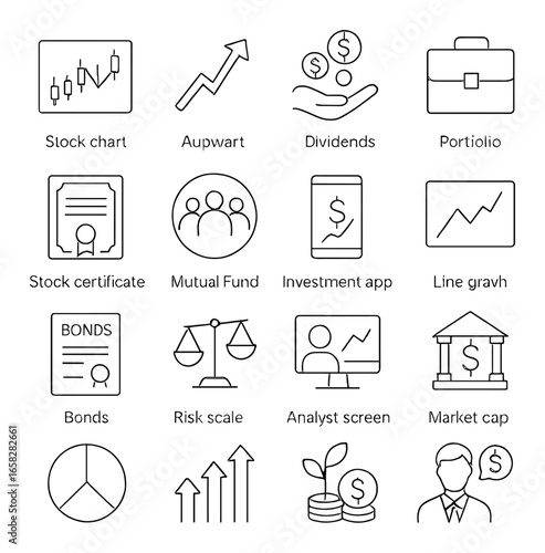 Linear finance icon set featuring stock chart, upward trend, dividends, portfolio, stock certificate, and more