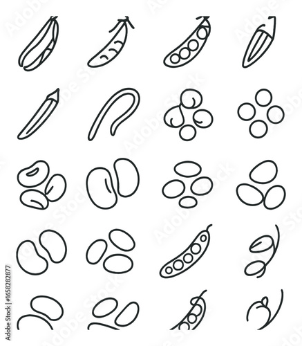 Linear vegetable icon set featuring okra, edamame, soybean, peas, and lentils symbols