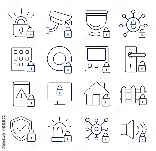 Linear security icon set featuring lock, camera, sensor, keypad, door, and alarm symbols