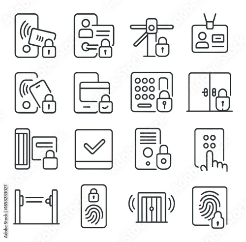 Linear security icon set featuring fingerprint, lock, id card, access control, and keypad symbols