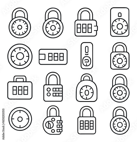 Linear security icon set featuring padlock, lock, combination, keyhole, and digital lock symbols