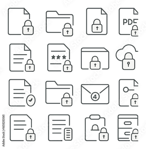 Silhouette security icons set featuring lock, padlock, file, folder, document, and email symbols