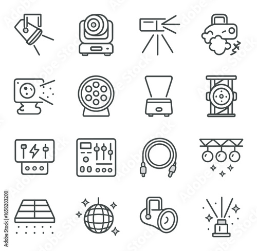 Linear music equipment icon set featuring spotlight, microphone, mixer, speaker, disco ball, and cable symbols