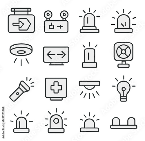 Linear emergency icon set featuring alarm, siren, flashlight, medical kit, and light bulb symbols