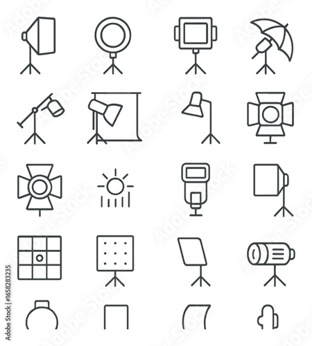 Linear photography icon set featuring softbox, ring light, tripod, flash, umbrella, and camera symbols