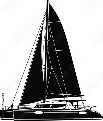 Catamaran Ship Silhouette with Twin Hulls and Sails Vector