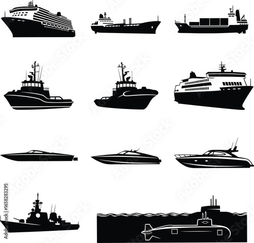 Ships and Watercraft Silhouette Vector Set - Cargo, Tanker, Destroyer, Catamaran, and More