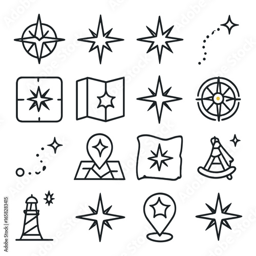 Linear navigation icon set featuring compass, map, lighthouse, location, star, destination, and guide symbols