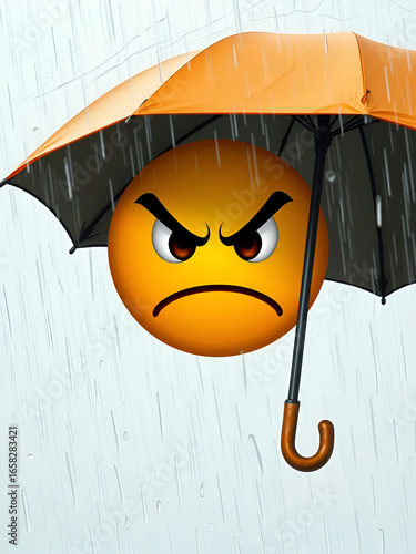 An angry emoji face with an umbrella shielding it from the wind, representing frustration and bad weather