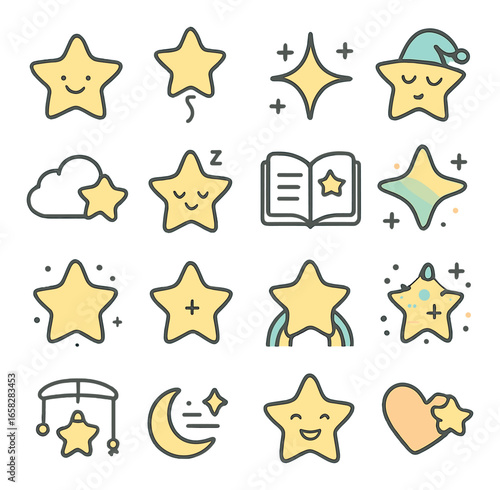 Linear bedtime icon set featuring stars, moon, clouds, book, and heart symbols for sleep themes