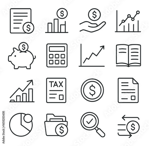 Linear finance icon set featuring money, graph, calculator, piggy bank, tax, and report symbols