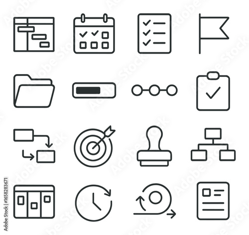 Linear project management icon set featuring gantt chart, calendar, checklist, and workflow symbols