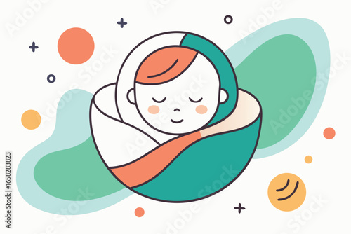 Adorable cartoon illustration depicting a peaceful newborn baby swaddled comfortably in a wrap with soft colors