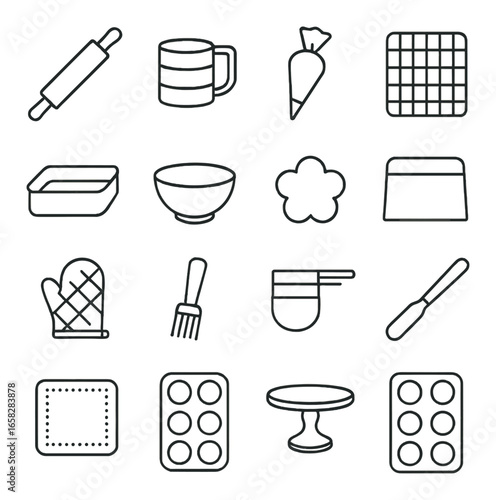 Linear kitchen icon set featuring rolling pin, mug, carrot, grid, pot, bowl, and mitten symbols