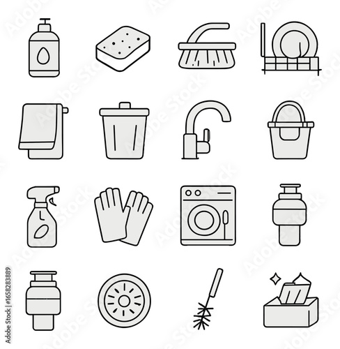 Linear cleaning icon set featuring soap, sponge, brush, dishes, towel, trash, faucet, bucket, bottle, gloves
