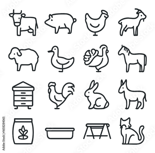 Linear farm animal icon set featuring cow, pig, chicken, sheep, duck, turkey, horse, beehive, rabbit, donkey