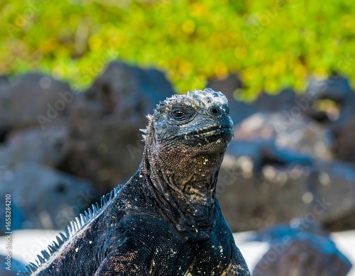 Close-up portrait of a marine iguana Galapagos, basking in the sun outdoor