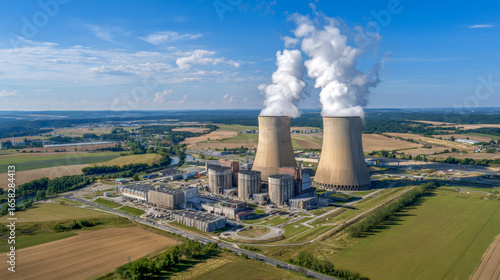 Aerial view of a large nuclear power plant with cooling towers emitting steam, surrounded by green fields and blue sky, showcasing energy production and industrial landscape