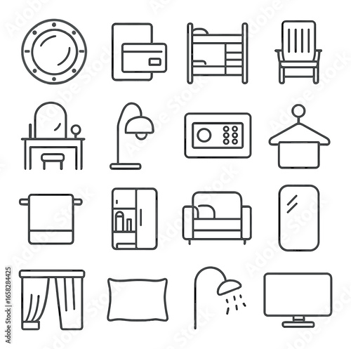 Linear home icon set featuring porthole, card, bunk bed, chair, desk, lamp, safe, hanger symbols